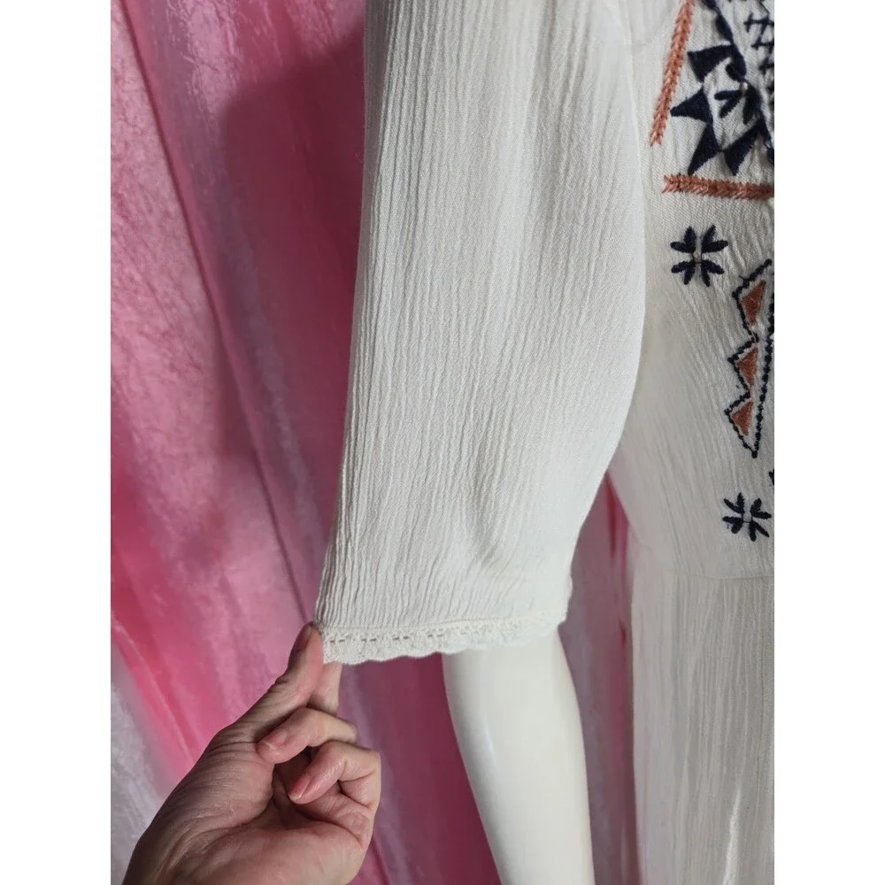 Knox Rose Ivory Boho Embroidered Cotton Lined Tiered Maxi Dress Size XS